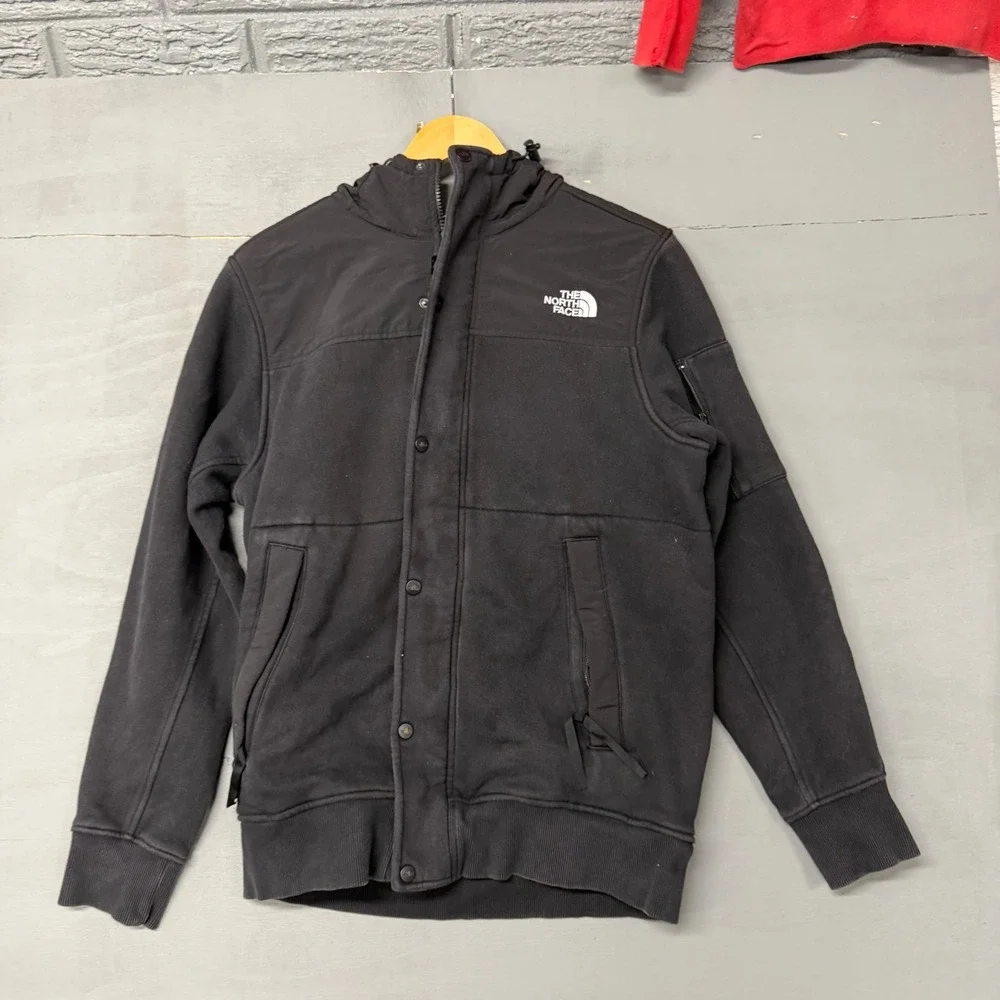 The North Face Mens Black Hooded Fleece Jacket Sherpa Lined Full Zip Snap Medium